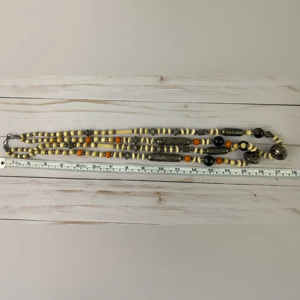 Vintage Chunky Metal Beaded Boho Double Strand Necklace Tadpole Floral Beads